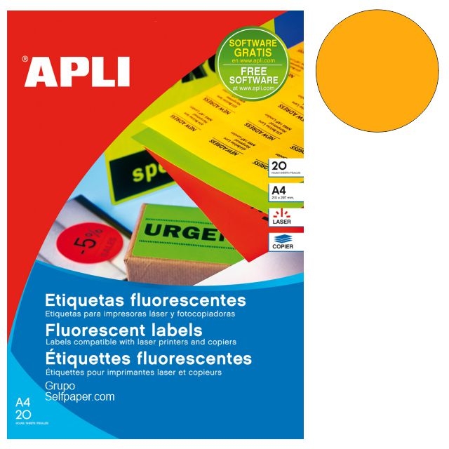 apli 2867 etiquetas redondas naranja fluor neon