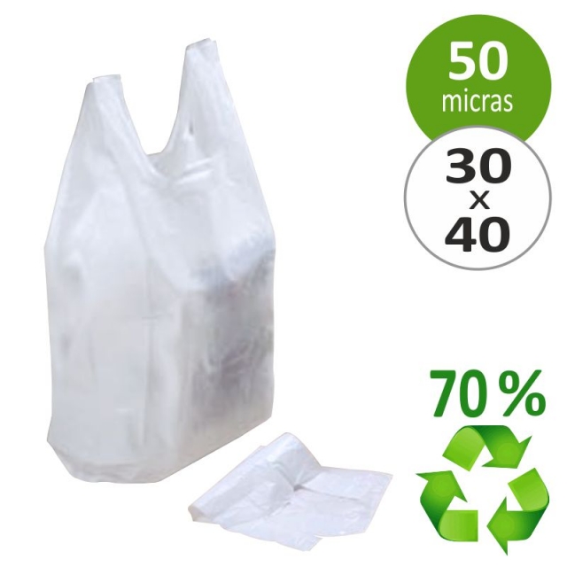 Bolsas de Plastico con asas, Camiseta 30x40cm, 70% Reciclada