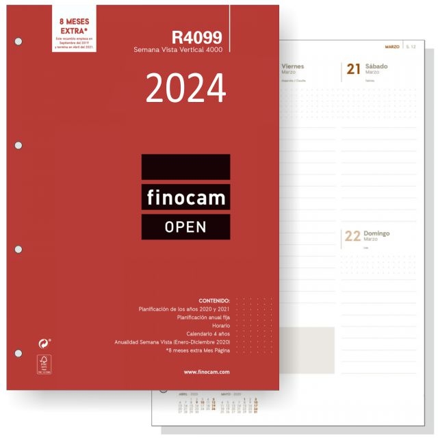 Finocam Open R4099, Recambio Agenda Din A4, Semanal 2024
