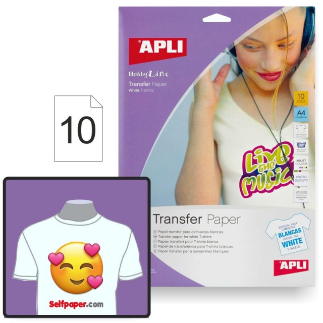 Apli 04128, 10 hojas papel transfer camisetas, tela blanca