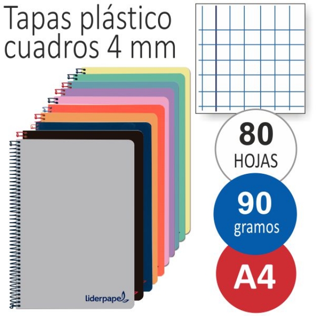Libretas tapas de plástico, papel de 90 gramos, cuadros 4 mm